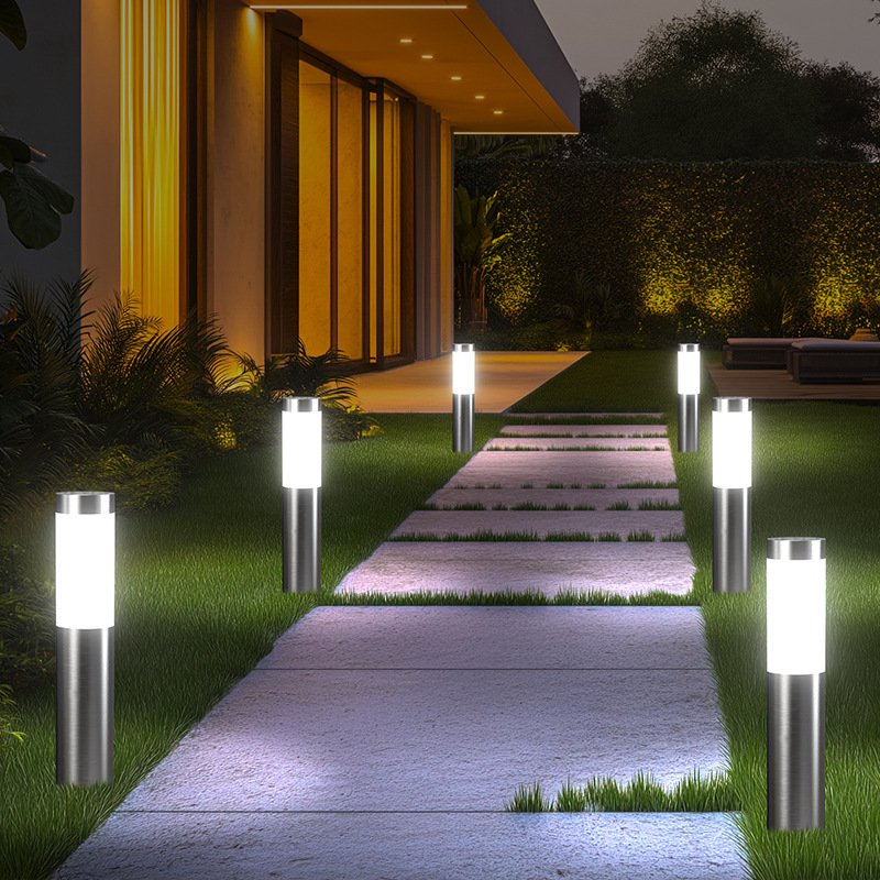 Cross-border bestseller solar stainless steel 3led modern courtyard outdoor garden cylindrical outdoor waterproof lawn light Application Scenario