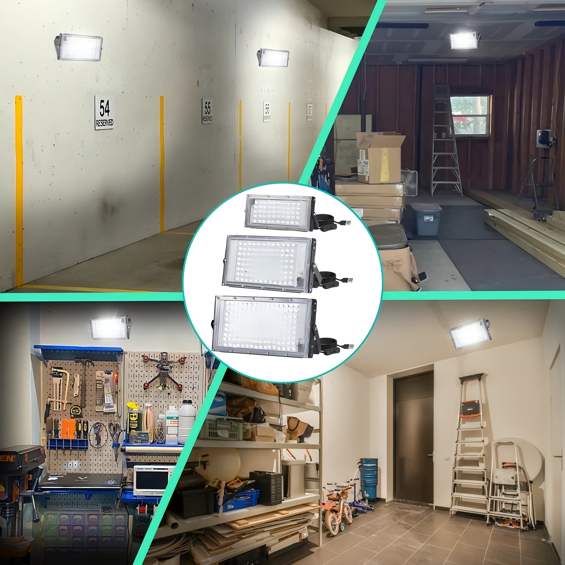 LED floodlight with high brightness of 6000K, USB power supply, and switch for garage, warehouse, indoor sports and architectural lighting full figure