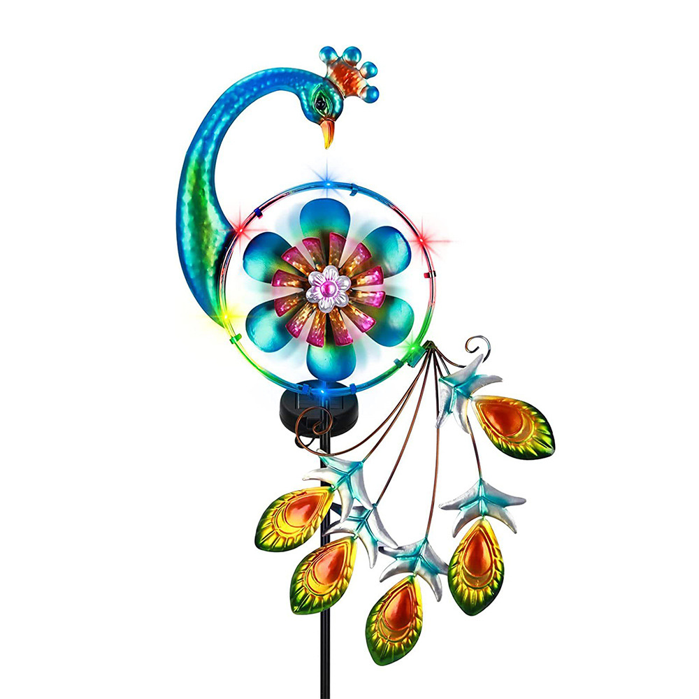 New outdoor solar-powered courtyard atmosphere lights, garden lawn landscape decoration peacock lights, iron windmill ground insert lights Item Picture