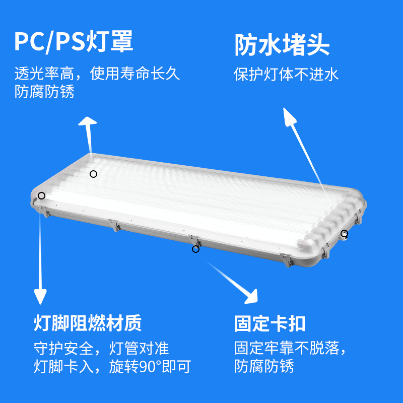 T8 Three-proof Lamp 8*36W Emergency three-proof Fluorescent lamp waterproof, dustproof, moisture-proof and anti-corrosion three-proof lamp housing kit Specification drawing