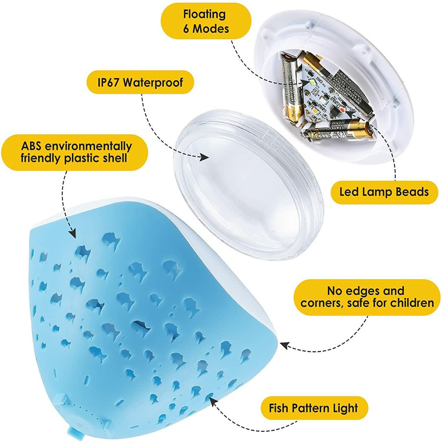 LED swimming pool waterproof bathtub small fish projection bath light, fish tank water float fountain underwater lighting, diving atmosphere light Specification drawing