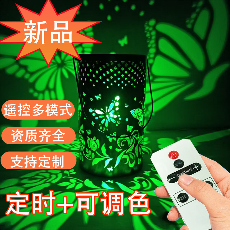 Cross-border best-selling solar-powered iron lanterns, remote-controlled color-adjustable 3D dynamic projection garden lamps, hummingbird and butterfly waterproof full figure