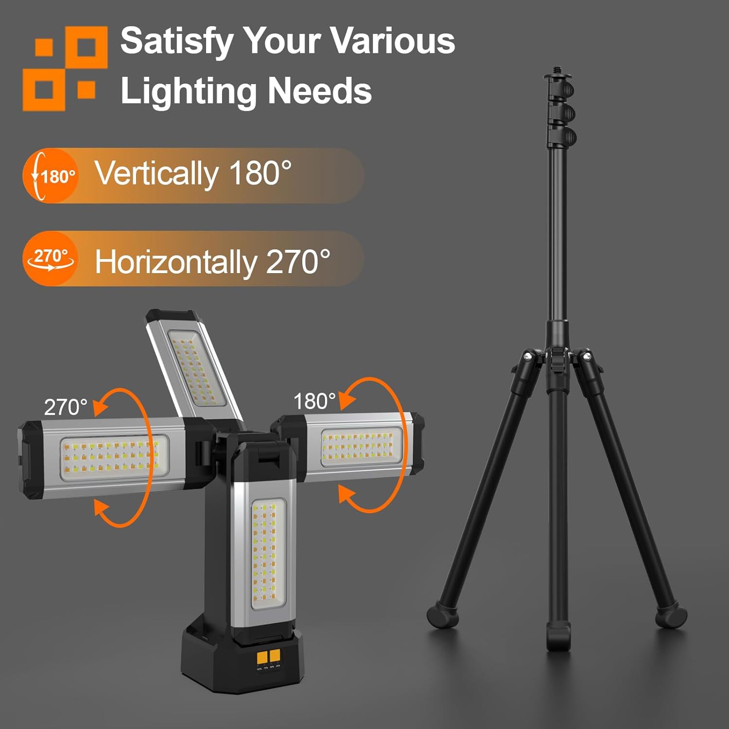 The 1200-lumen aluminum umbrella lamp has a hook, is foldable and can be equipped with a bracket. It features a Type-C charging function with three adjustable Settings Application Scenario