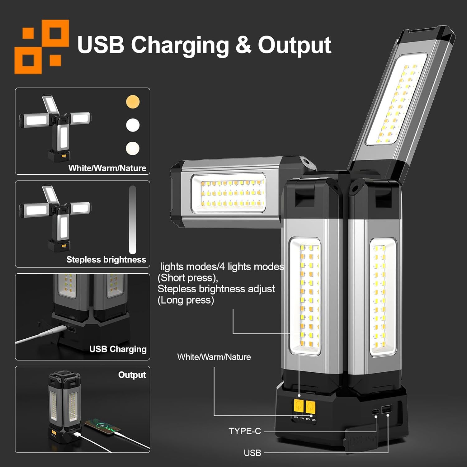 The 1200-lumen aluminum umbrella lamp has a hook, is foldable and can be equipped with a bracket. It features a Type-C charging function with three adjustable Settings details Picture