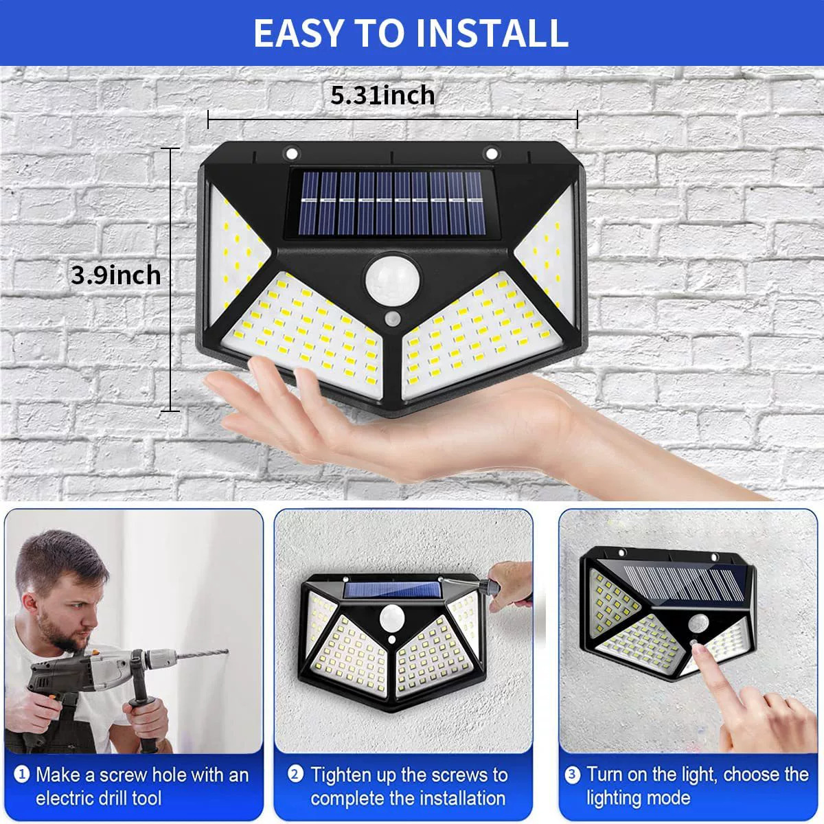 Three-sided 100LED solar charging sensor light, four-sided illuminated human body sensor wall light, outdoor light Application Scenario