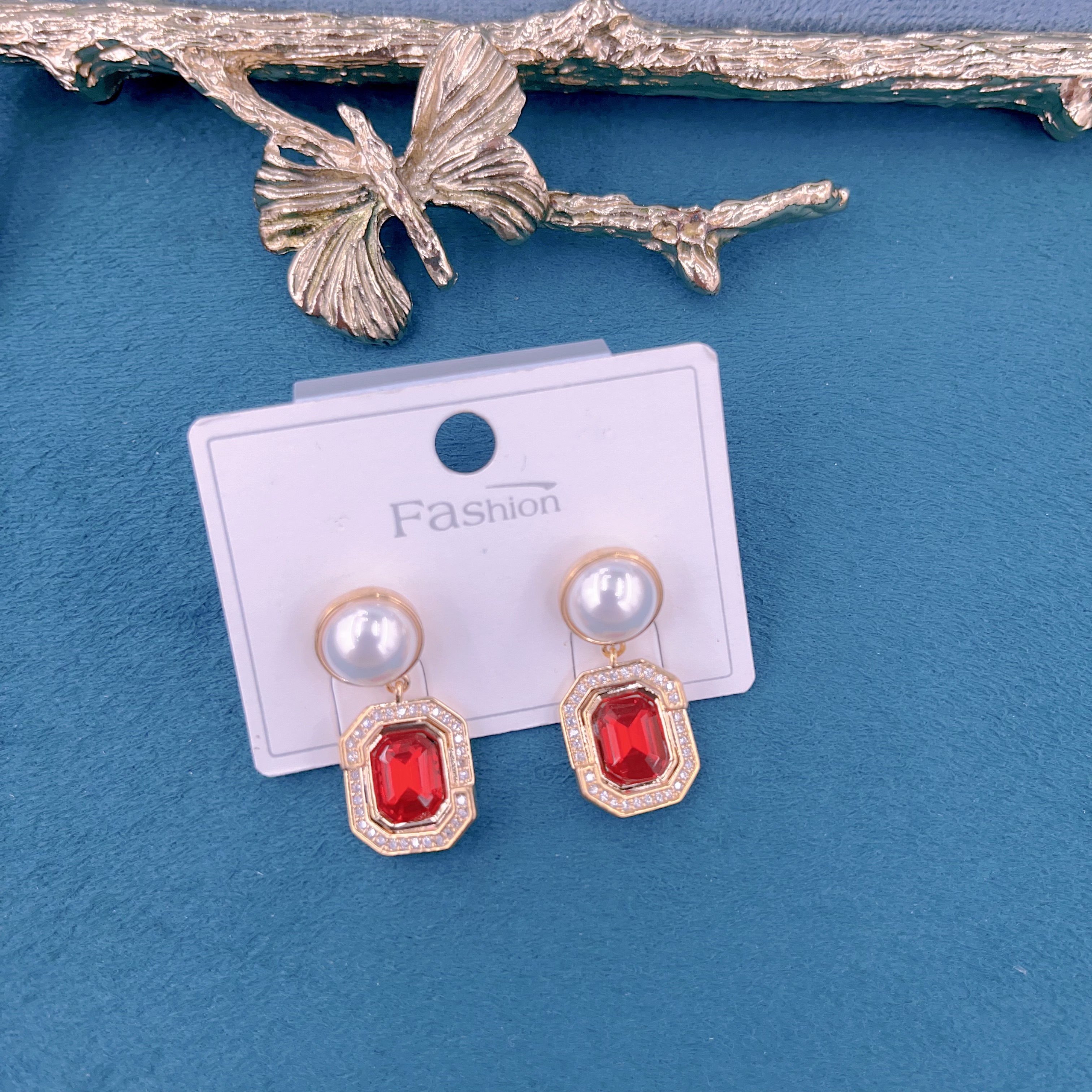 简约时尚大气红色方块多面宝石带锆带珍珠时尚耳钉气质百搭耳环潮流个性百搭饰品