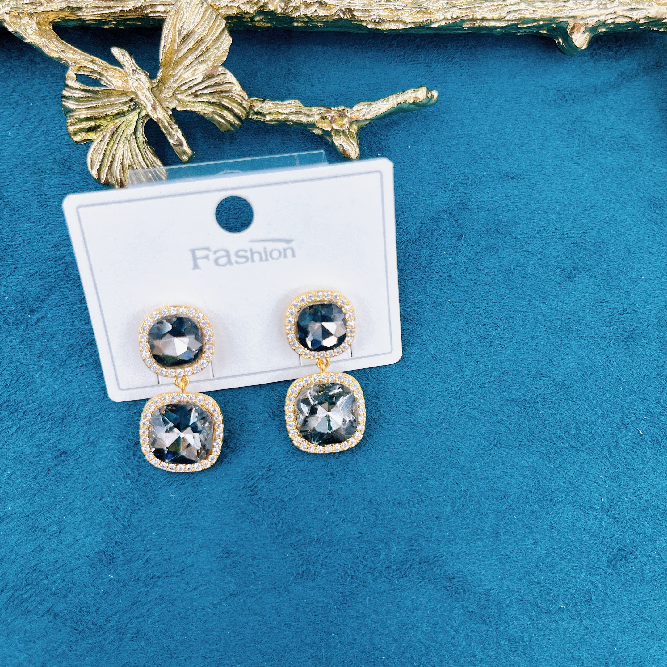 简约时尚大气上下方块多面宝石带锆高级灰色时尚耳钉气质百搭耳环潮流个性百搭饰品