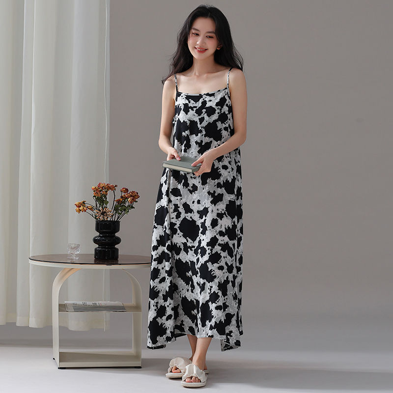 New Summer Halter Long Nightgown For Women, Cotton And Silk Pajamas, Loose Sleeveless Printed Home Dress undefined