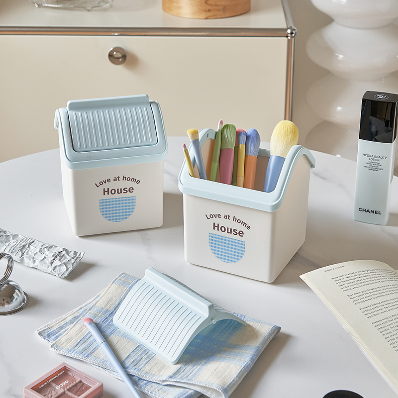 J06-7044 Small House desktop Storage Bucket Countertop trash can Dormitory Living Room Office with Lid dopamine details Picture