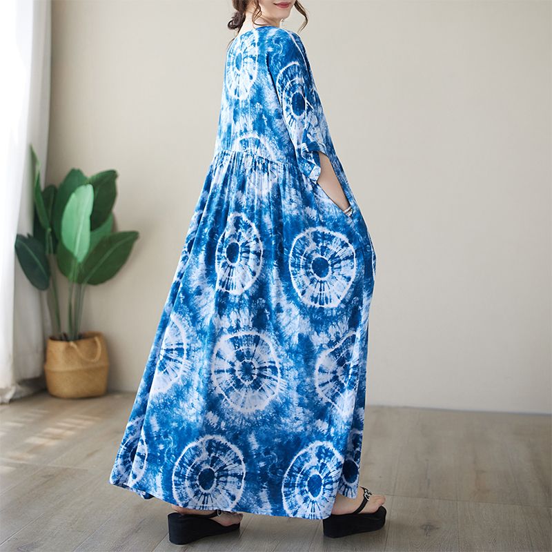 This Is A Large-Sized, Slimming Dress With Printed Prints For Export To Kazakhstan. It's A Short-Sleeved, Skin-Concealing, And Ethereal Long Skirt For Women In Summer Application Scenario