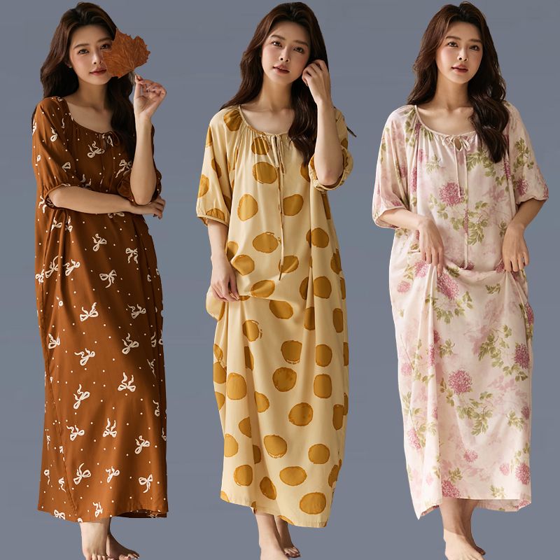 This Long Mid-Sleeved Cotton Silk Dress Is A Thin, Loose And Concealing Long Dress For Women In Spring And Summer. It Can Be Worn As A Fresh Sleeping Dress At Home full figure