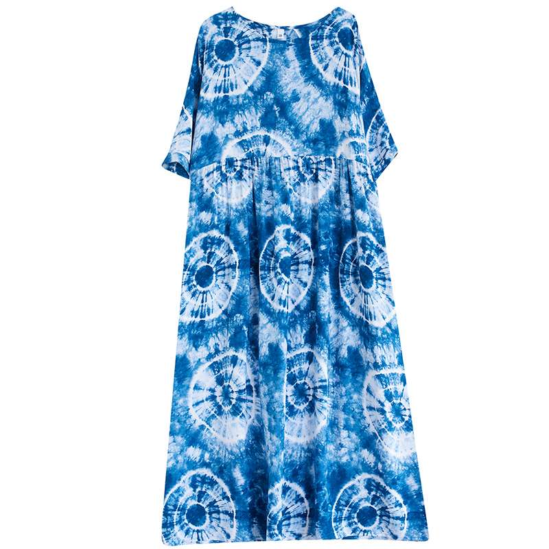 This Is A Large-Sized, Slimming Dress With Printed Prints For Export To Kazakhstan. It's A Short-Sleeved, Skin-Concealing, And Ethereal Long Skirt For Women In Summer