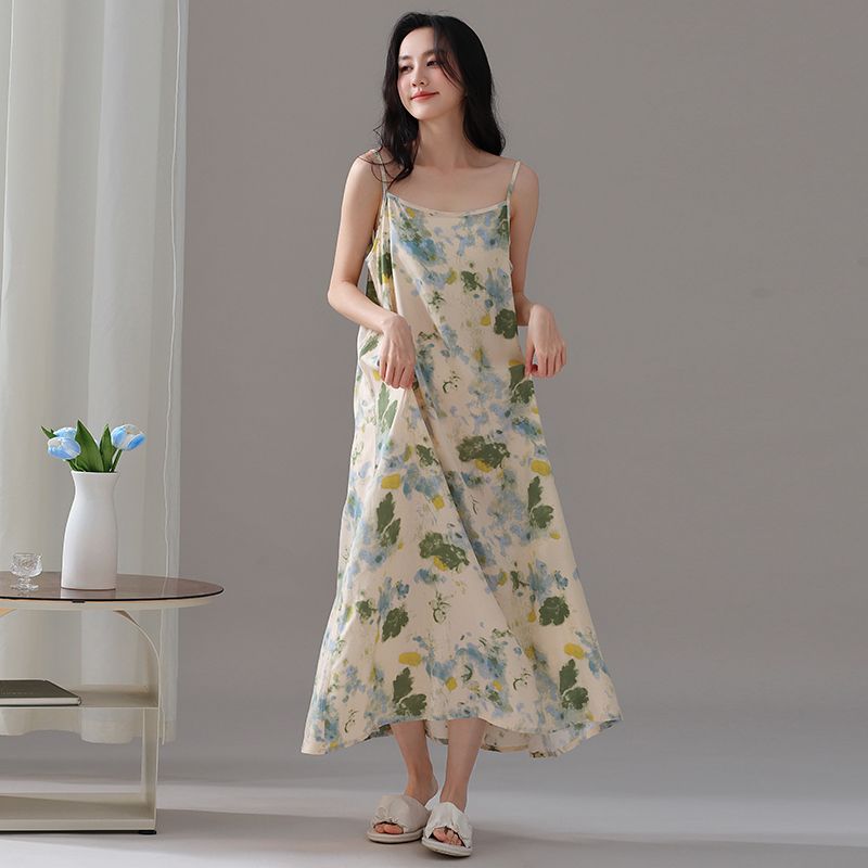New Summer Halter Long Nightgown For Women, Cotton And Silk Pajamas, Loose Sleeveless Printed Home Dress undefined