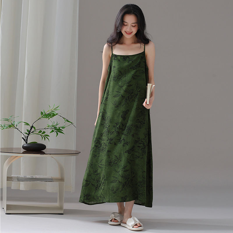 New Summer Halter Long Nightgown For Women, Cotton And Silk Pajamas, Loose Sleeveless Printed Home Dress undefined