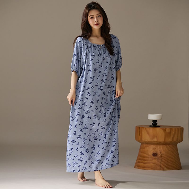 This Long Mid-Sleeved Cotton Silk Dress Is A Thin, Loose And Concealing Long Dress For Women In Spring And Summer. It Can Be Worn As A Fresh Sleeping Dress At Home undefined