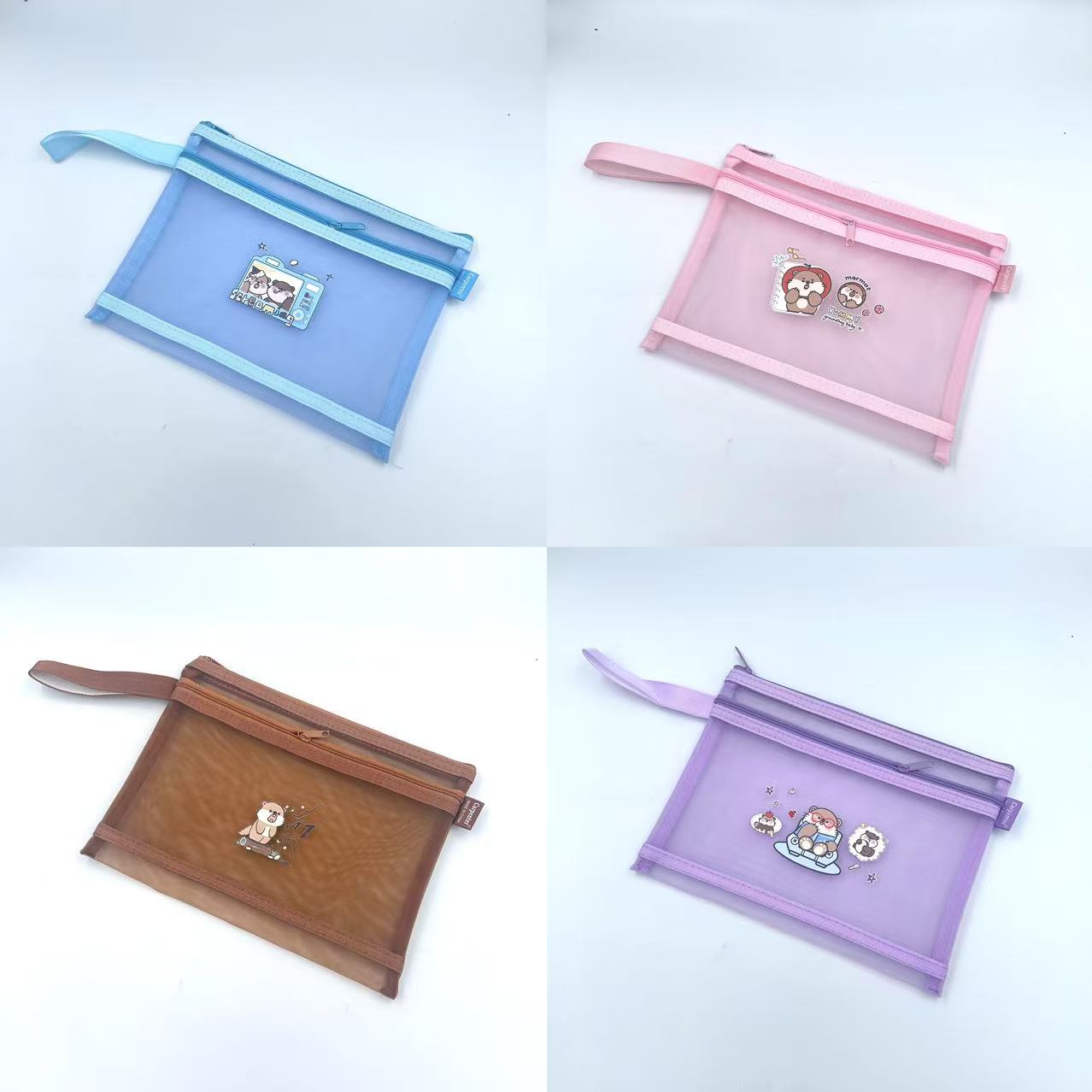 A5 mesh zipper bag, cartoon printed mesh bag, student stationery bag, double-layer pen case, office materials bag