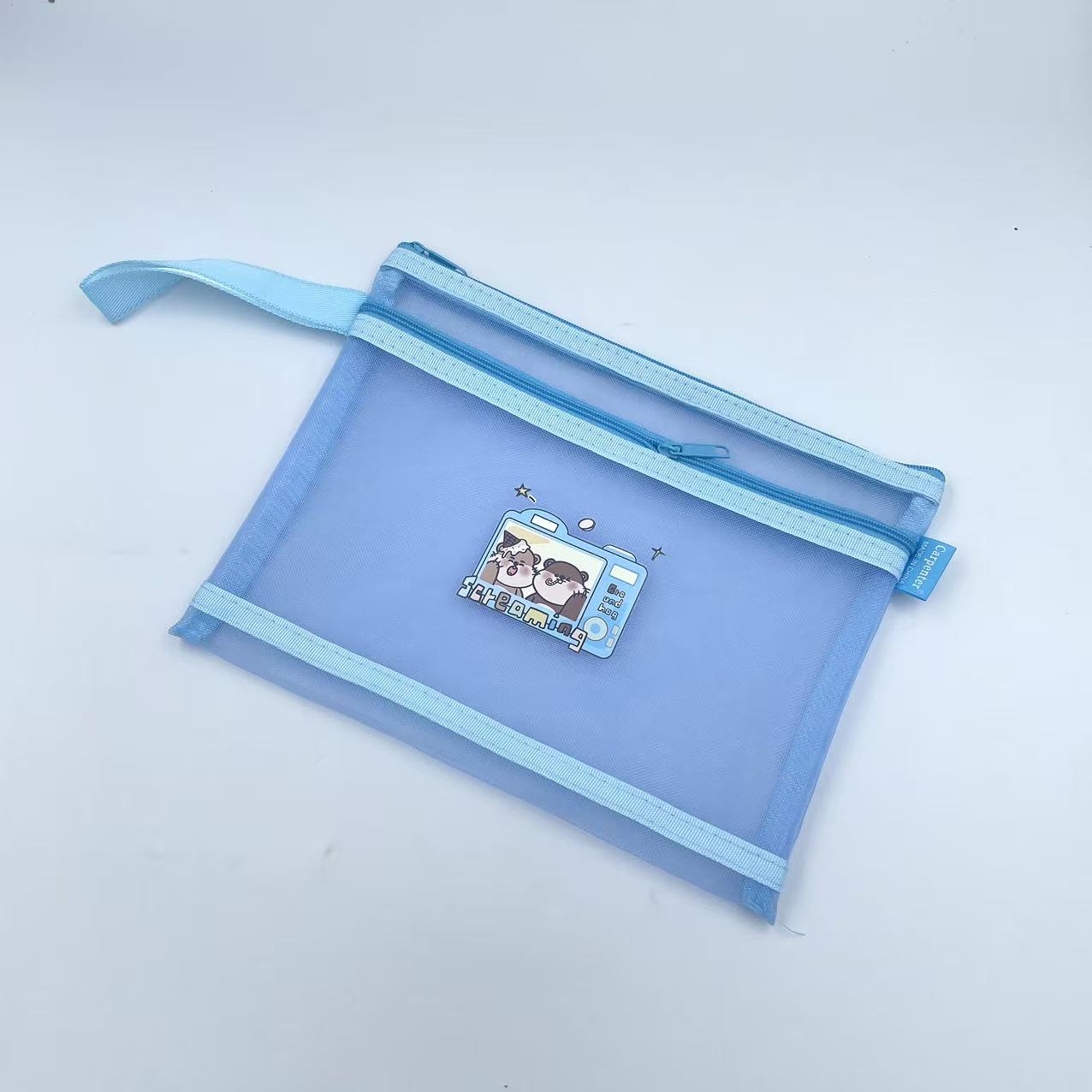 A5 mesh zipper bag, cartoon printed mesh bag, student stationery bag, double-layer pen case, office materials bag details Picture