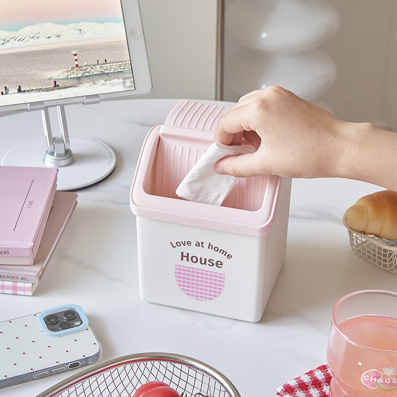 J06-7044 Small House desktop Storage Bucket Countertop trash can Dormitory Living Room Office with Lid dopamine Application Scenario