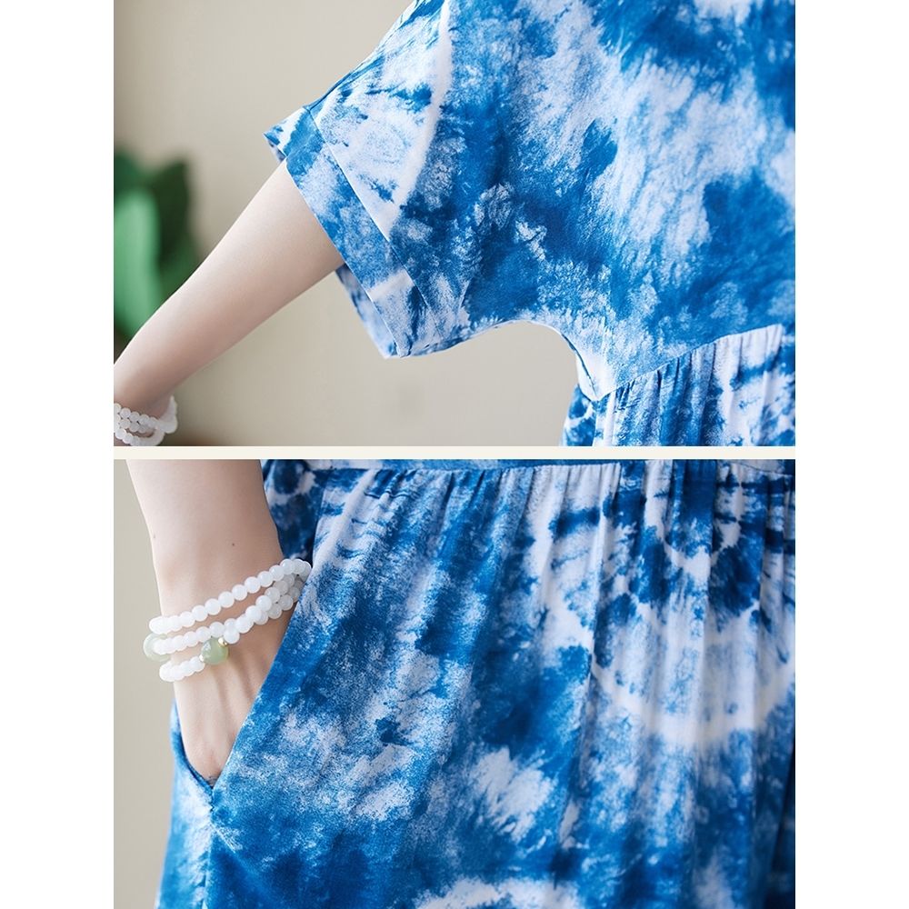 This Is A Large-Sized, Slimming Dress With Printed Prints For Export To Kazakhstan. It's A Short-Sleeved, Skin-Concealing, And Ethereal Long Skirt For Women In Summer Specification drawing