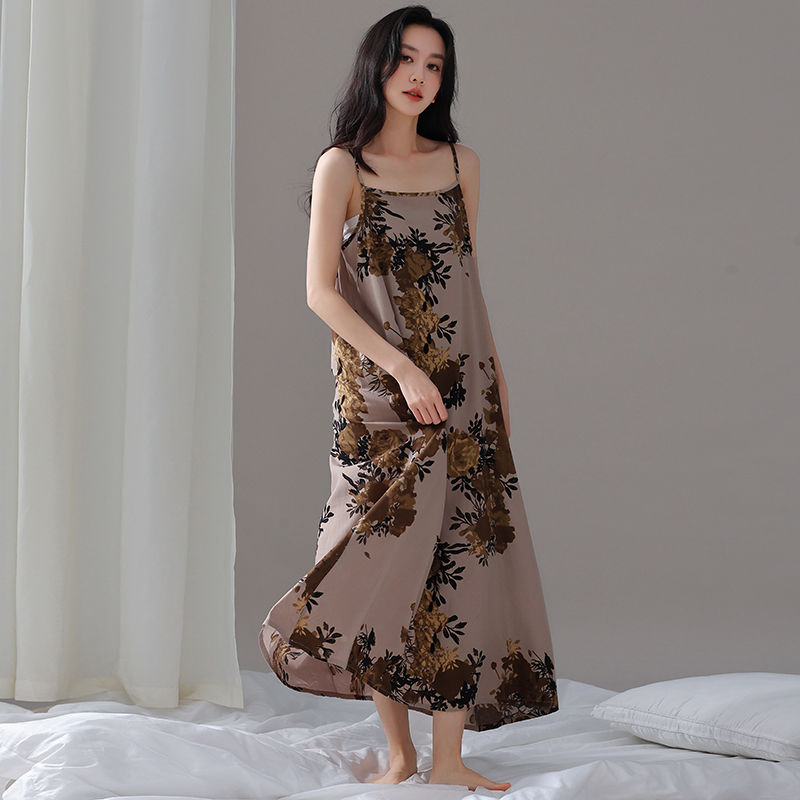 New Summer Halter Long Nightgown For Women, Cotton And Silk Pajamas, Loose Sleeveless Printed Home Dress undefined