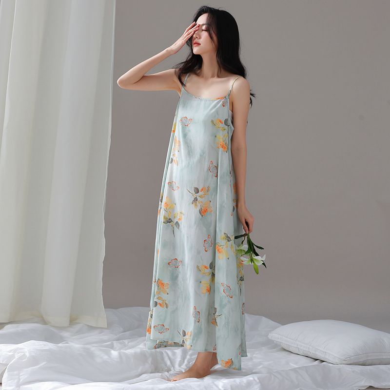 New Summer Halter Long Nightgown For Women, Cotton And Silk Pajamas, Loose Sleeveless Printed Home Dress undefined