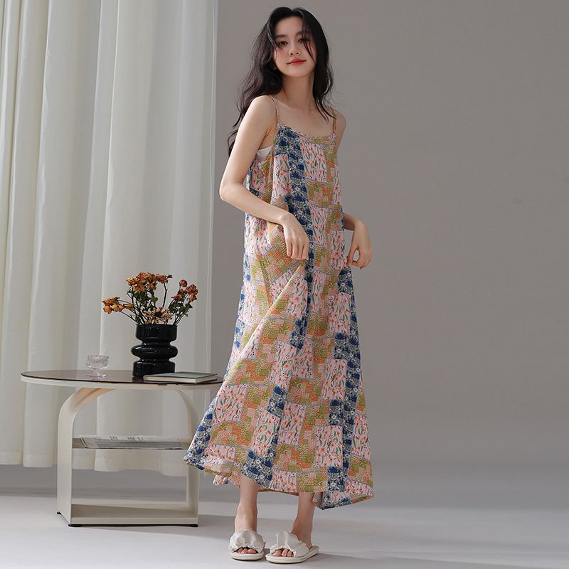 New Summer Halter Long Nightgown For Women, Cotton And Silk Pajamas, Loose Sleeveless Printed Home Dress details Picture