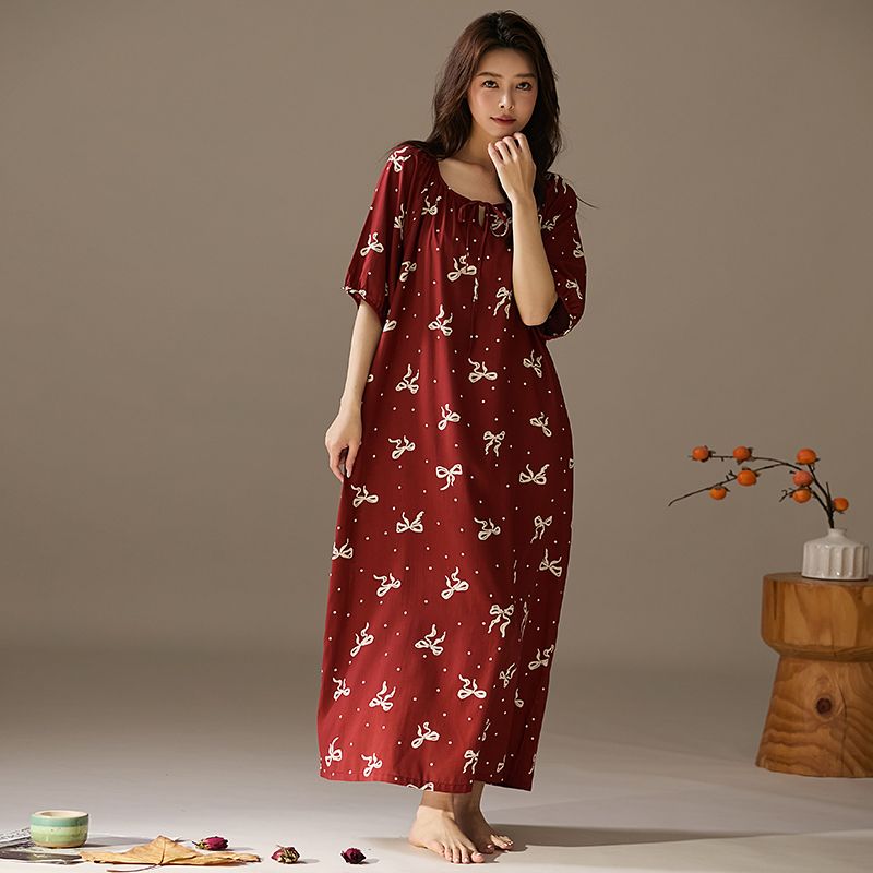This Long Mid-Sleeved Cotton Silk Dress Is A Thin, Loose And Concealing Long Dress For Women In Spring And Summer. It Can Be Worn As A Fresh Sleeping Dress At Home details Picture