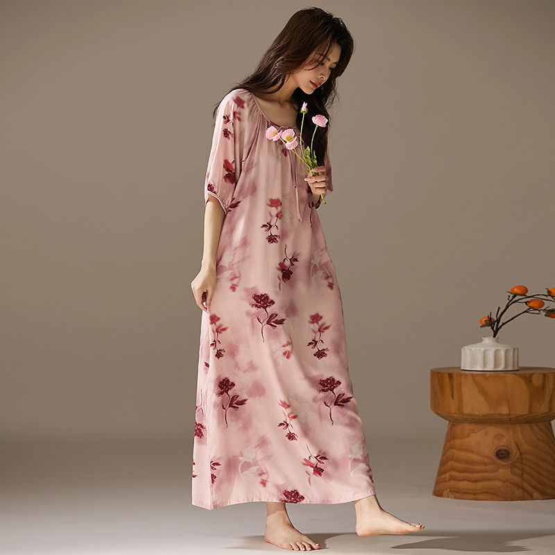 This Long Mid-Sleeved Cotton Silk Dress Is A Thin, Loose And Concealing Long Dress For Women In Spring And Summer. It Can Be Worn As A Fresh Sleeping Dress At Home undefined