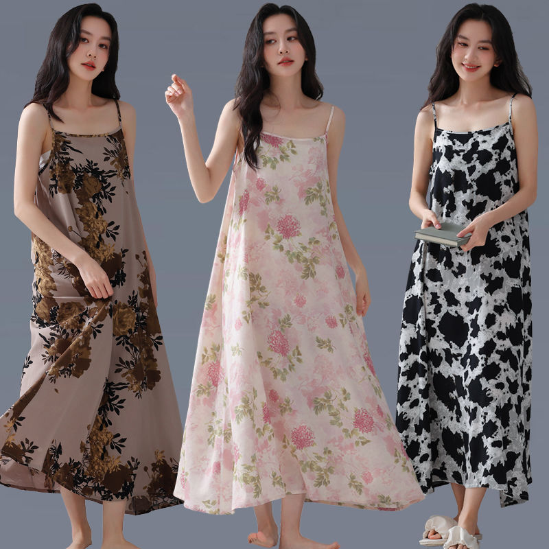 New Summer Halter Long Nightgown For Women, Cotton And Silk Pajamas, Loose Sleeveless Printed Home Dress undefined