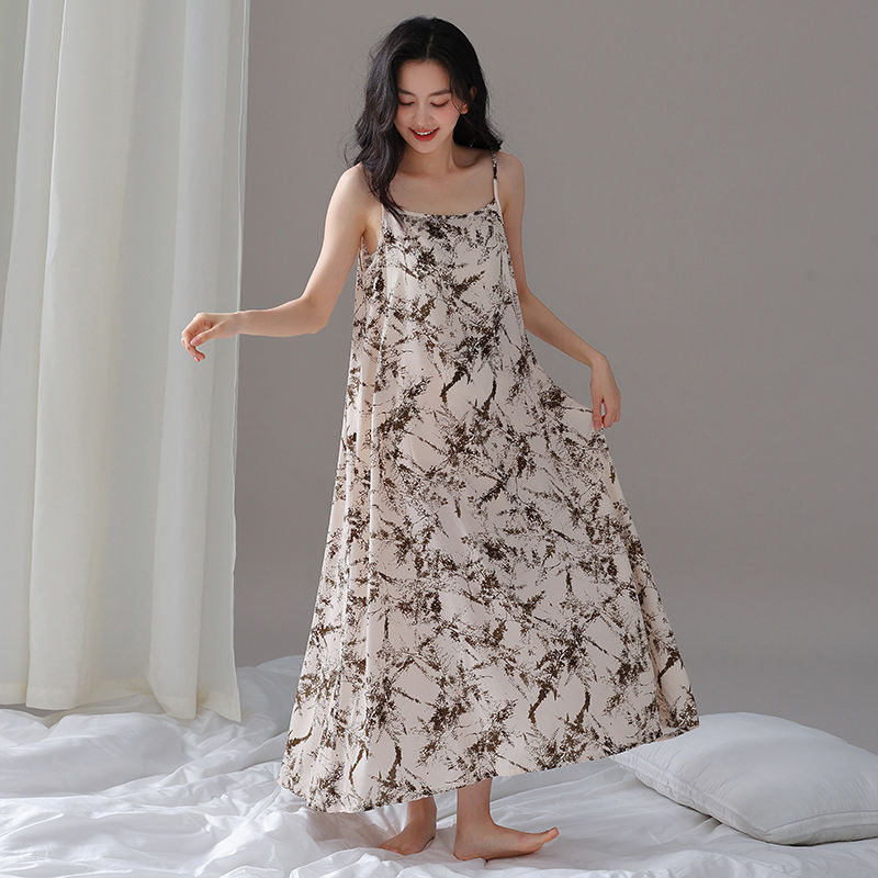 New Summer Halter Long Nightgown For Women, Cotton And Silk Pajamas, Loose Sleeveless Printed Home Dress Specification drawing