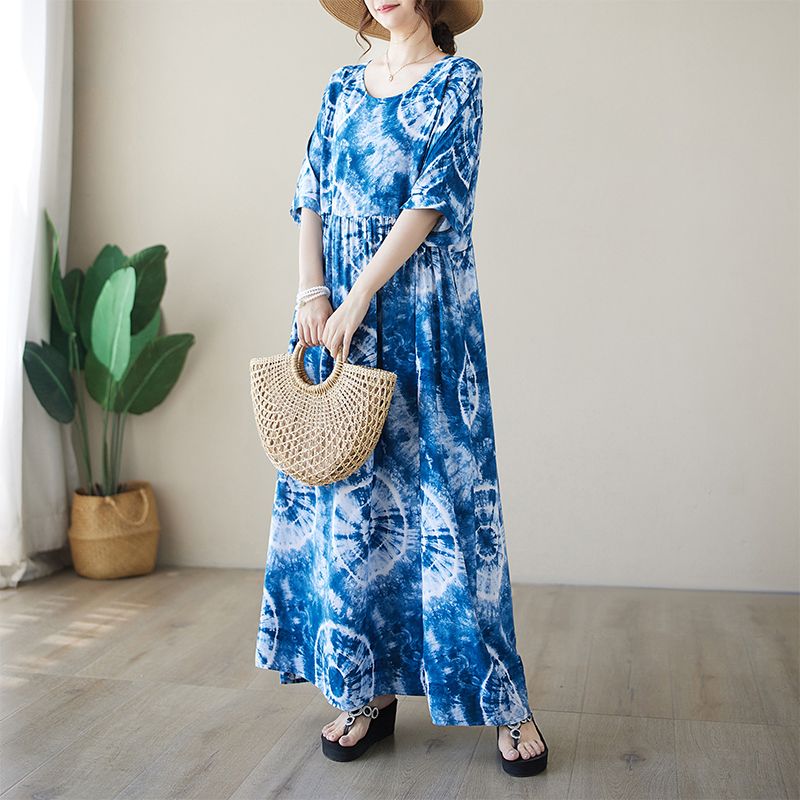 This Is A Large-Sized, Slimming Dress With Printed Prints For Export To Kazakhstan. It's A Short-Sleeved, Skin-Concealing, And Ethereal Long Skirt For Women In Summer undefined