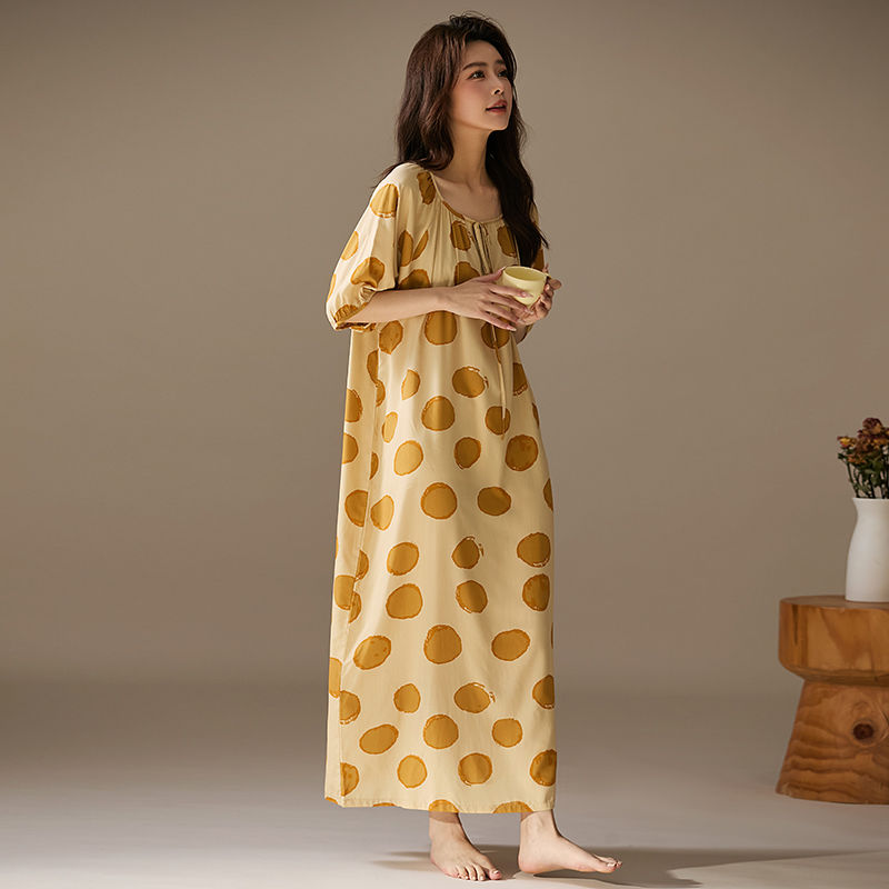 This Long Mid-Sleeved Cotton Silk Dress Is A Thin, Loose And Concealing Long Dress For Women In Spring And Summer. It Can Be Worn As A Fresh Sleeping Dress At Home undefined