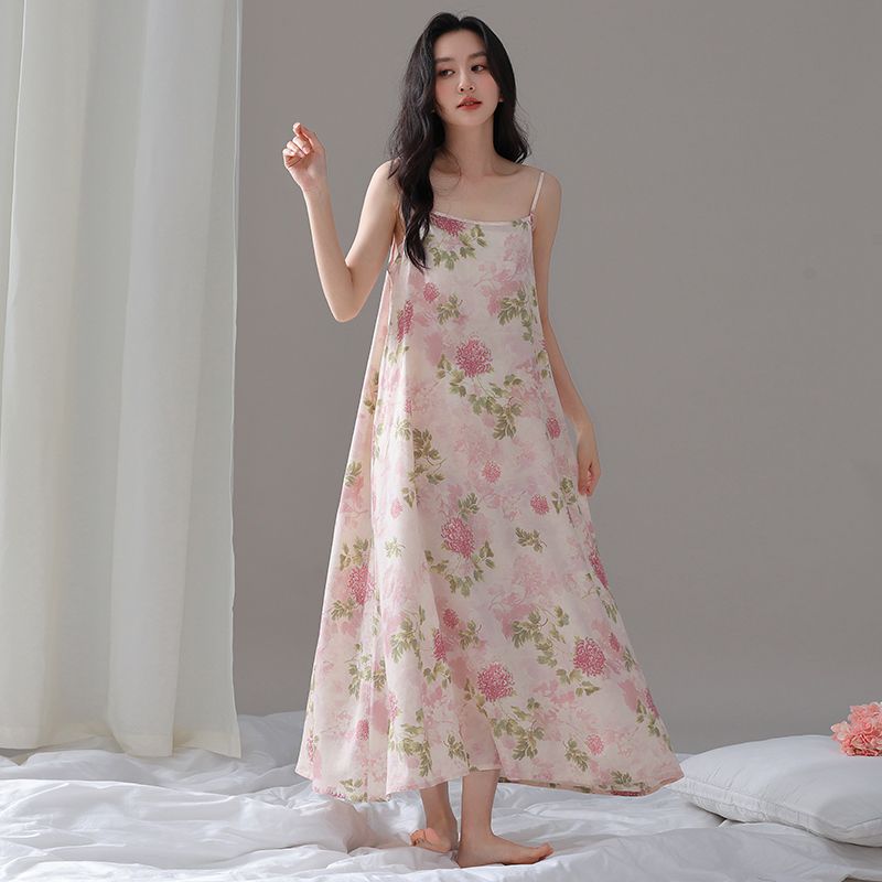 New Summer Halter Long Nightgown For Women, Cotton And Silk Pajamas, Loose Sleeveless Printed Home Dress undefined