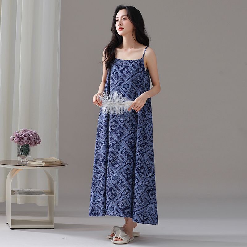New Summer Halter Long Nightgown For Women, Cotton And Silk Pajamas, Loose Sleeveless Printed Home Dress undefined
