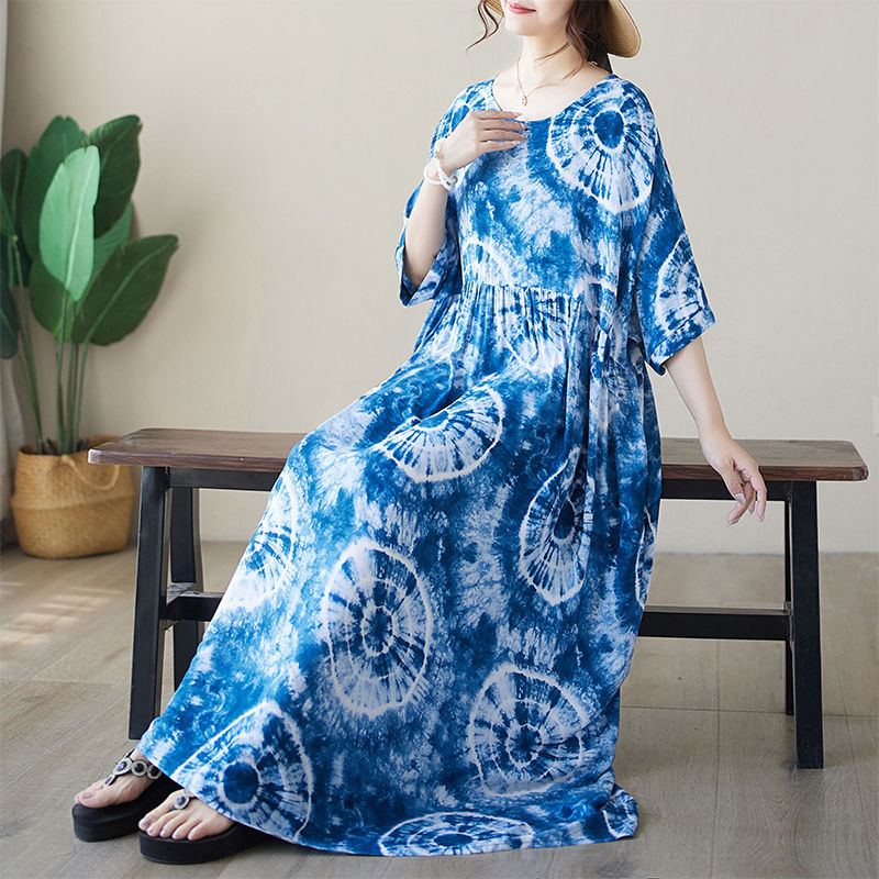 This Is A Large-Sized, Slimming Dress With Printed Prints For Export To Kazakhstan. It's A Short-Sleeved, Skin-Concealing, And Ethereal Long Skirt For Women In Summer Item Picture