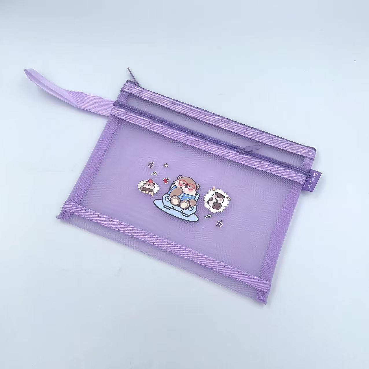 A5 mesh zipper bag, cartoon printed mesh bag, student stationery bag, double-layer pen case, office materials bag Item Picture