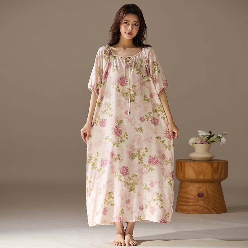 This Long Mid-Sleeved Cotton Silk Dress Is A Thin, Loose And Concealing Long Dress For Women In Spring And Summer. It Can Be Worn As A Fresh Sleeping Dress At Home undefined