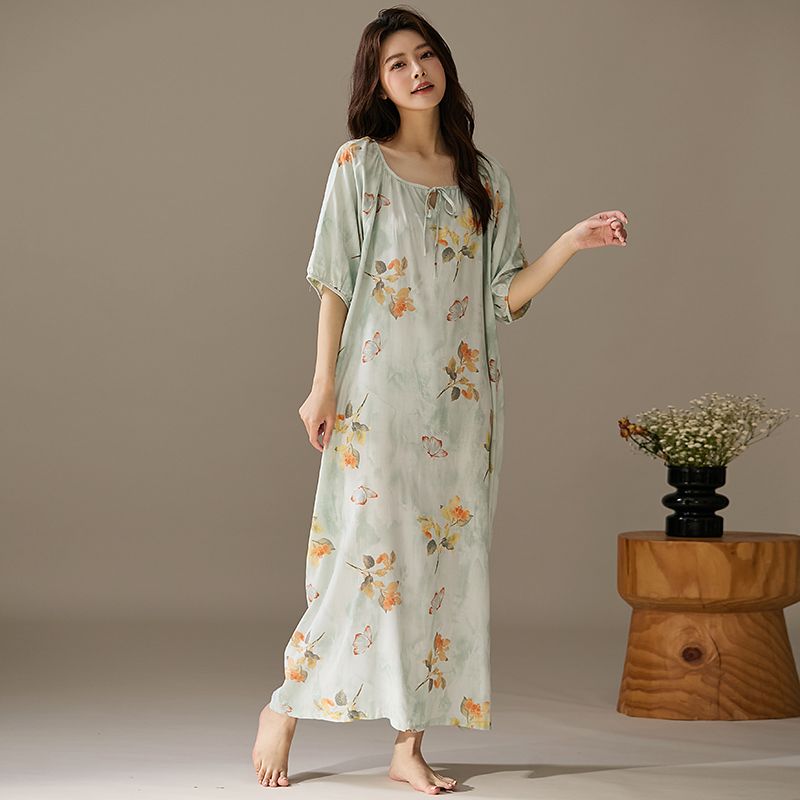 This Long Mid-Sleeved Cotton Silk Dress Is A Thin, Loose And Concealing Long Dress For Women In Spring And Summer. It Can Be Worn As A Fresh Sleeping Dress At Home undefined