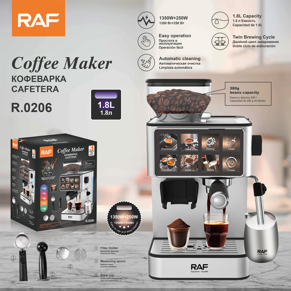 RAF European standard cross-border semi-automatic espresso pump type fancy coffee machine, Italian coffee grinder in one full figure