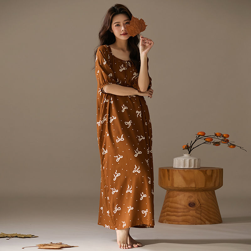 This Long Mid-Sleeved Cotton Silk Dress Is A Thin, Loose And Concealing Long Dress For Women In Spring And Summer. It Can Be Worn As A Fresh Sleeping Dress At Home undefined