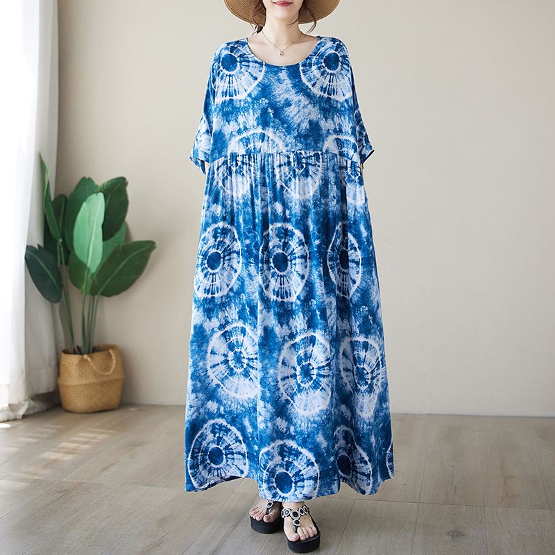 This Is A Large-Sized, Slimming Dress With Printed Prints For Export To Kazakhstan. It's A Short-Sleeved, Skin-Concealing, And Ethereal Long Skirt For Women In Summer details Picture