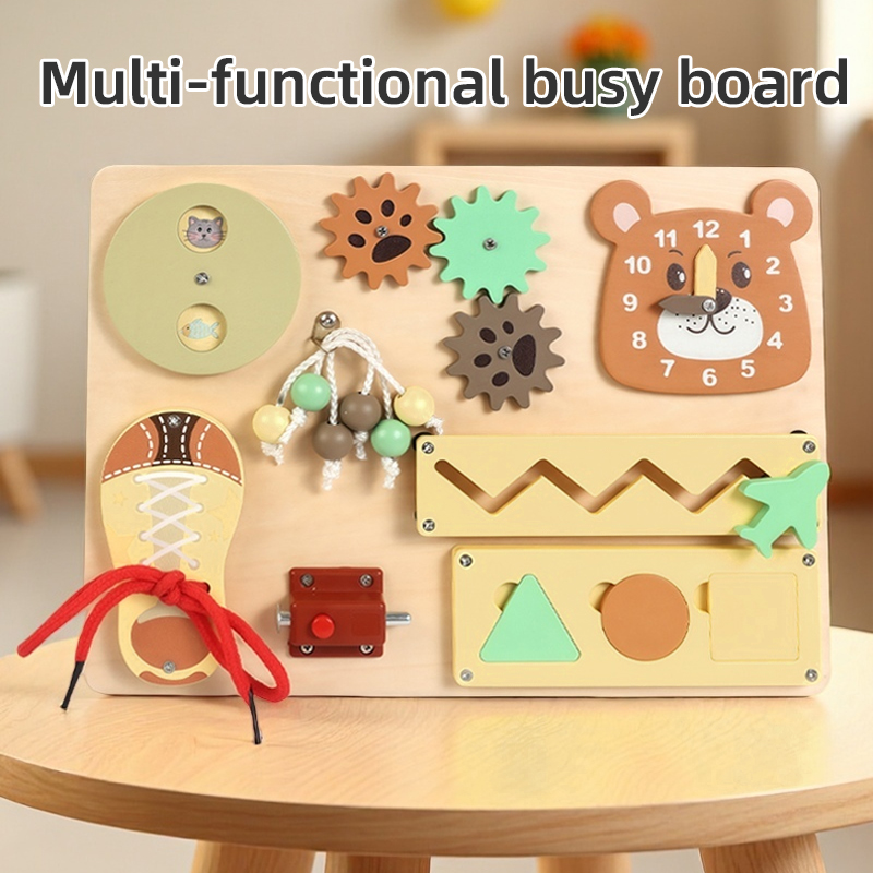 Montessori children's early education Bear Clock Busy Board, kindergarten enlightenment teaching AIDS, baby intelligence science and education toys, intelligence wooden toys, exercise hands-on ability details Picture