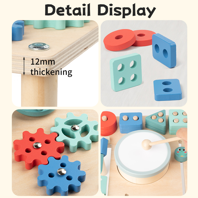 Montessori early education busy table, wooden busy board, large beaded multi-functional play table for infants and toddlers, educational toys, music percussion castanets, positioning slides, gear games, beaded shaped nested columns Item Picture