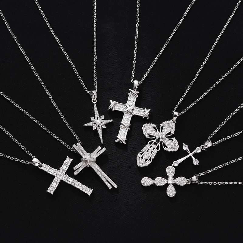 欧美跨境外贸新款铜镀真金十字架项链饰品简约吊坠东南亚潮流百搭镶锆石