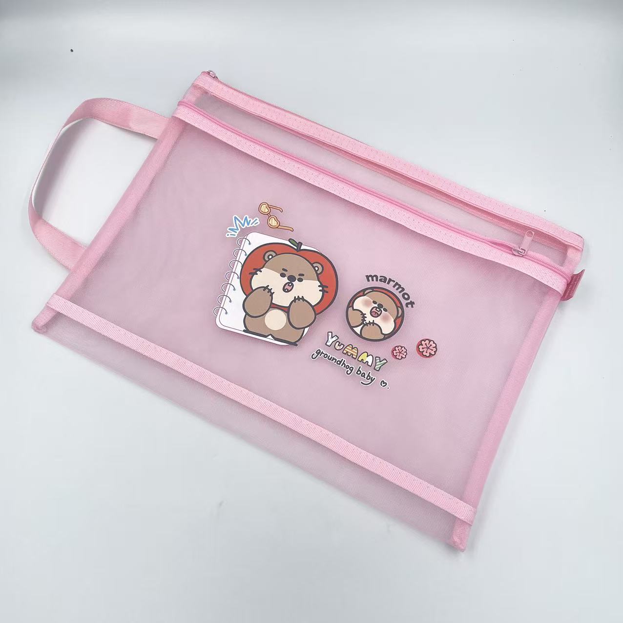 A4 Marmot zipper bag, cartoon printed mesh bag, student stationery bag, double-layer pen case, office materials bag details Picture