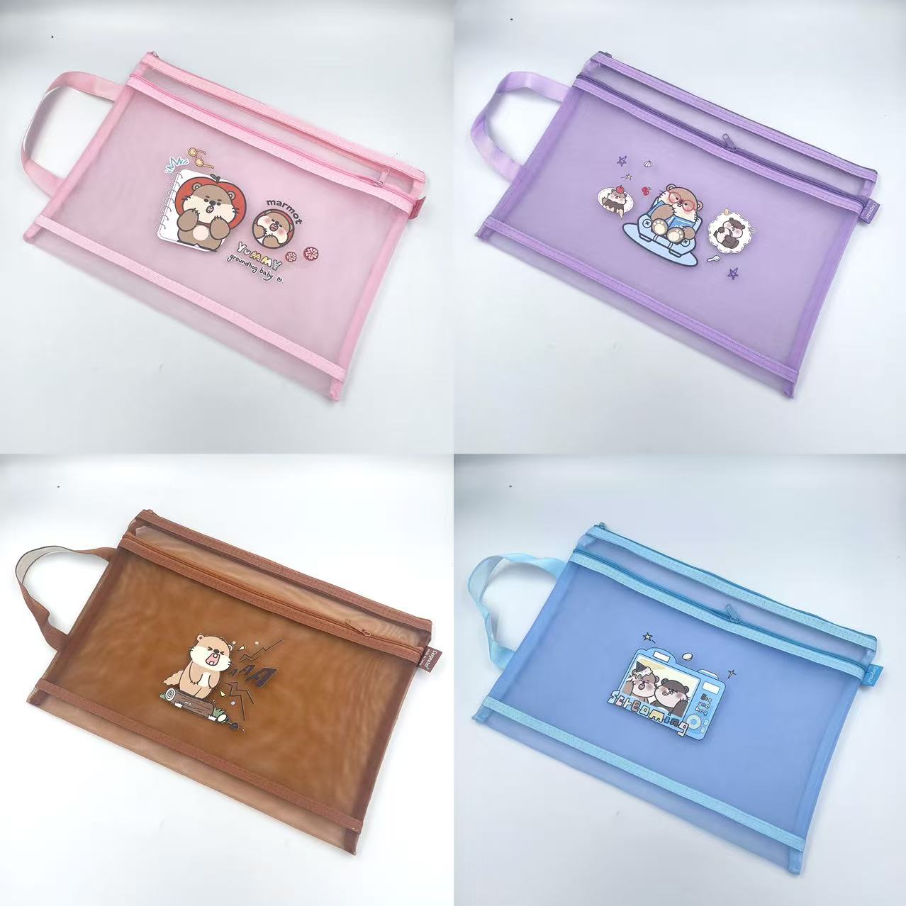 A4 Marmot zipper bag, cartoon printed mesh bag, student stationery bag, double-layer pen case, office materials bag