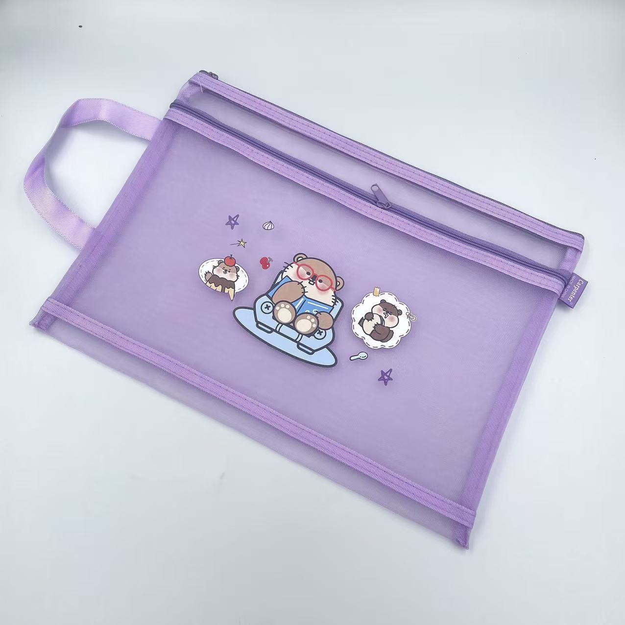 A4 Marmot zipper bag, cartoon printed mesh bag, student stationery bag, double-layer pen case, office materials bag Specification image