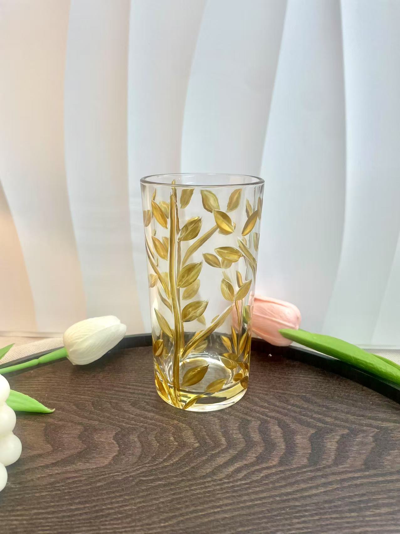 金色棕榈叶玻璃杯，简约优雅，点缀春日花艺，尽显清新格调细节图
