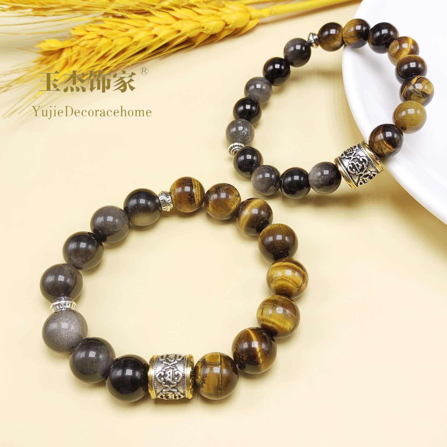 Natural tiger's eye, silver obsidian, beaded bracelet jewelry, men's and women's simple and fashionable six-character maxim bracelet detail image 9
