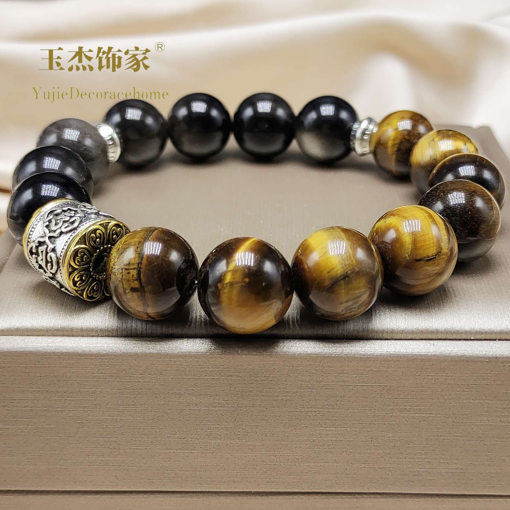 Natural tiger's eye, silver obsidian, beaded bracelet jewelry, men's and women's simple and fashionable six-character maxim bracelet detail image 6